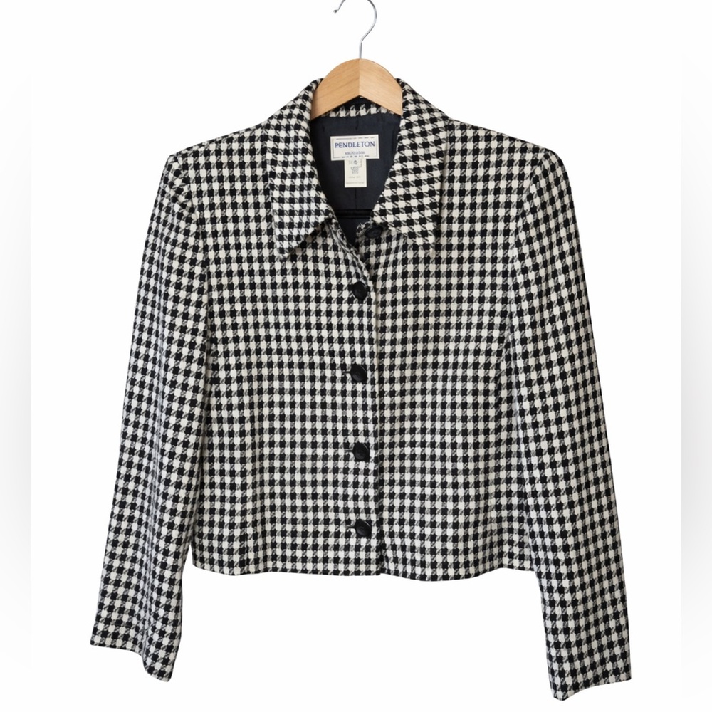 Pendleton Houndstooth Blazer Black White Wool Jacket Cropped Tailored Classic